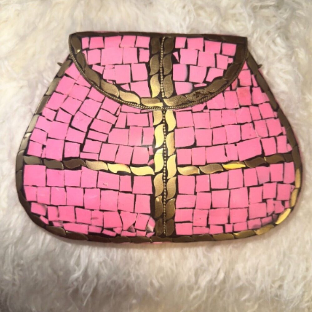 RAMLA BAGS - Mosaic Handmade Pink/Gold with Detachable Chain Strap